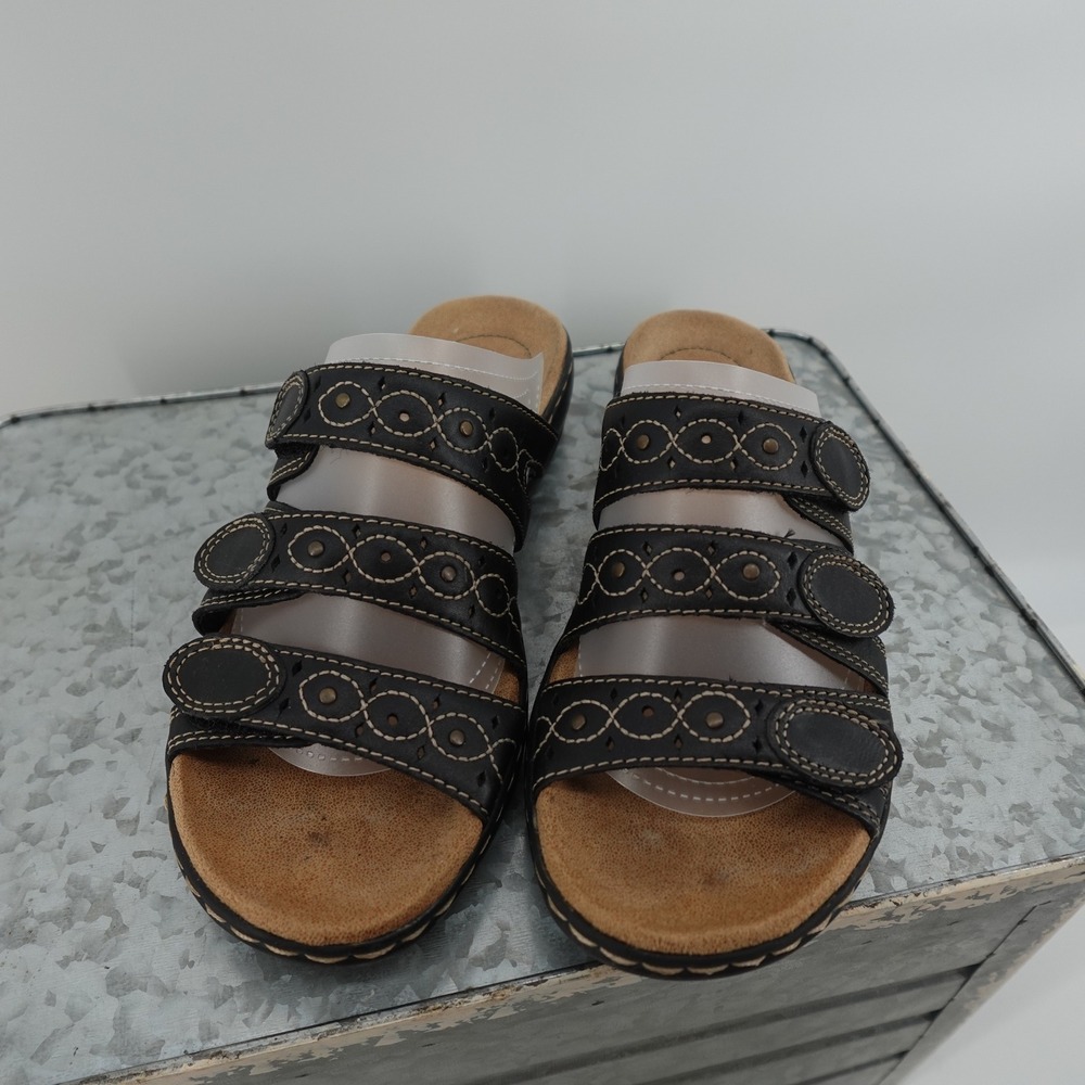 Clarks Collection 8 Black Leather Adjustable Triple Strap Slide Sandals 15260